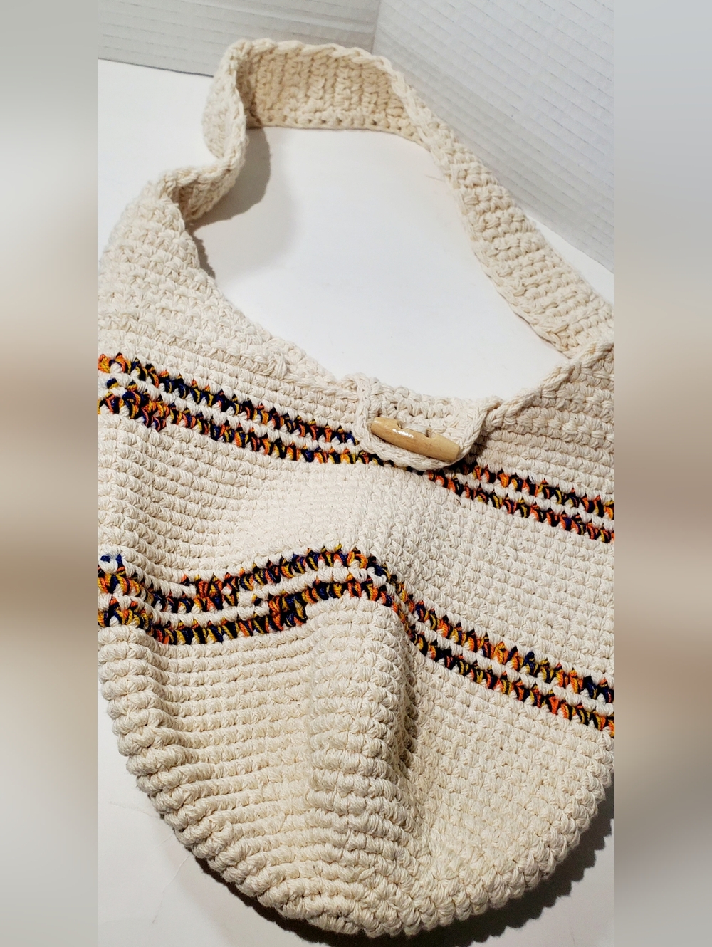 Cream Crochet Knit Tote Bag with Multicolor Stripe Detail